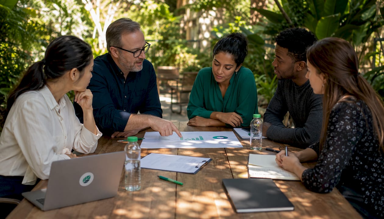 Team meeting discussing feedback measurement metrics