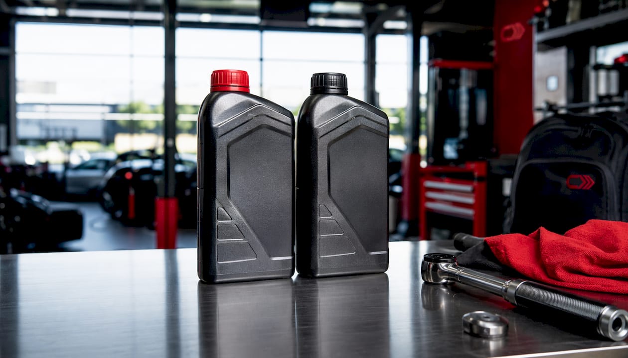 Side-by-side synthetic and conventional oil bottles