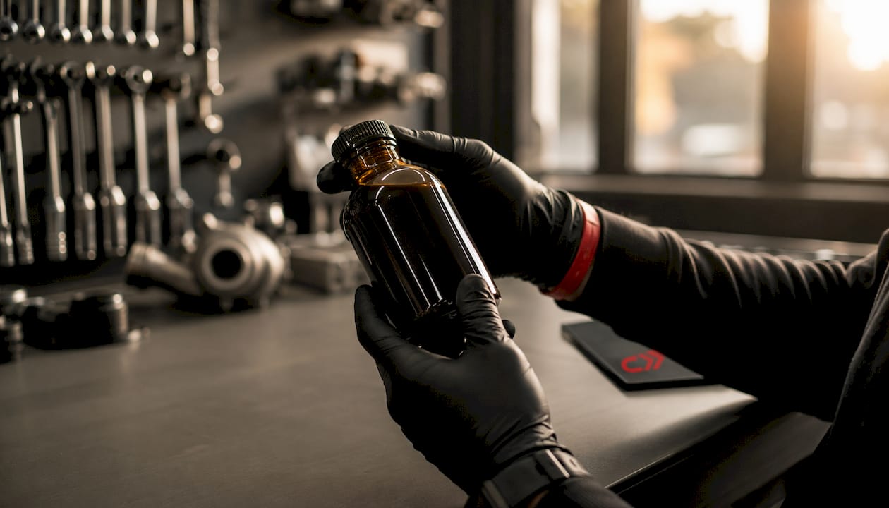 Lab vial with synthetic oil close-up