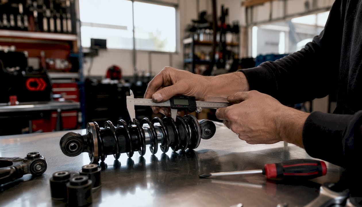 Hands checking car suspension fitment with caliper