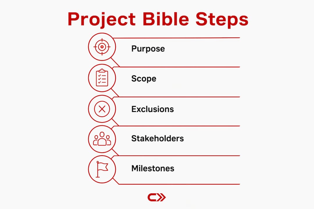 Infographic illustrating steps to build a Project Bible