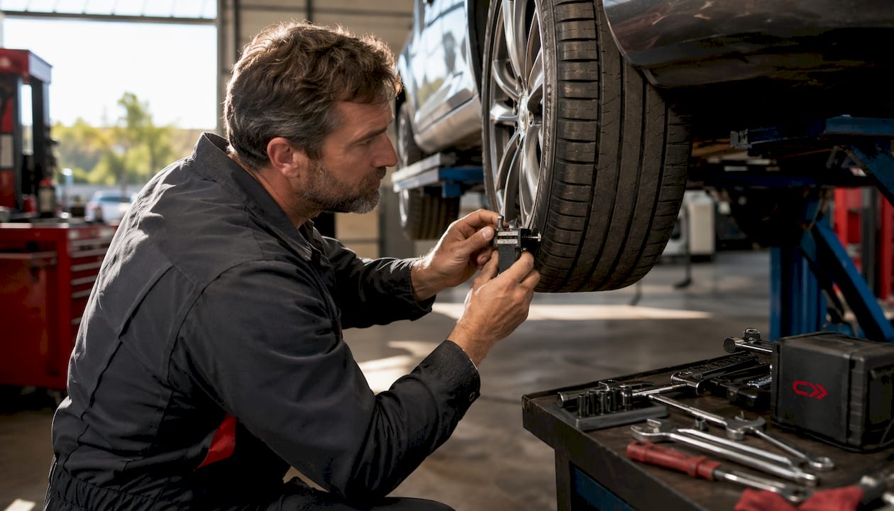 Mechanic measuring car tire tread depth
