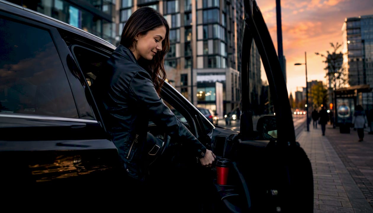 Woman starting modern car engine on street