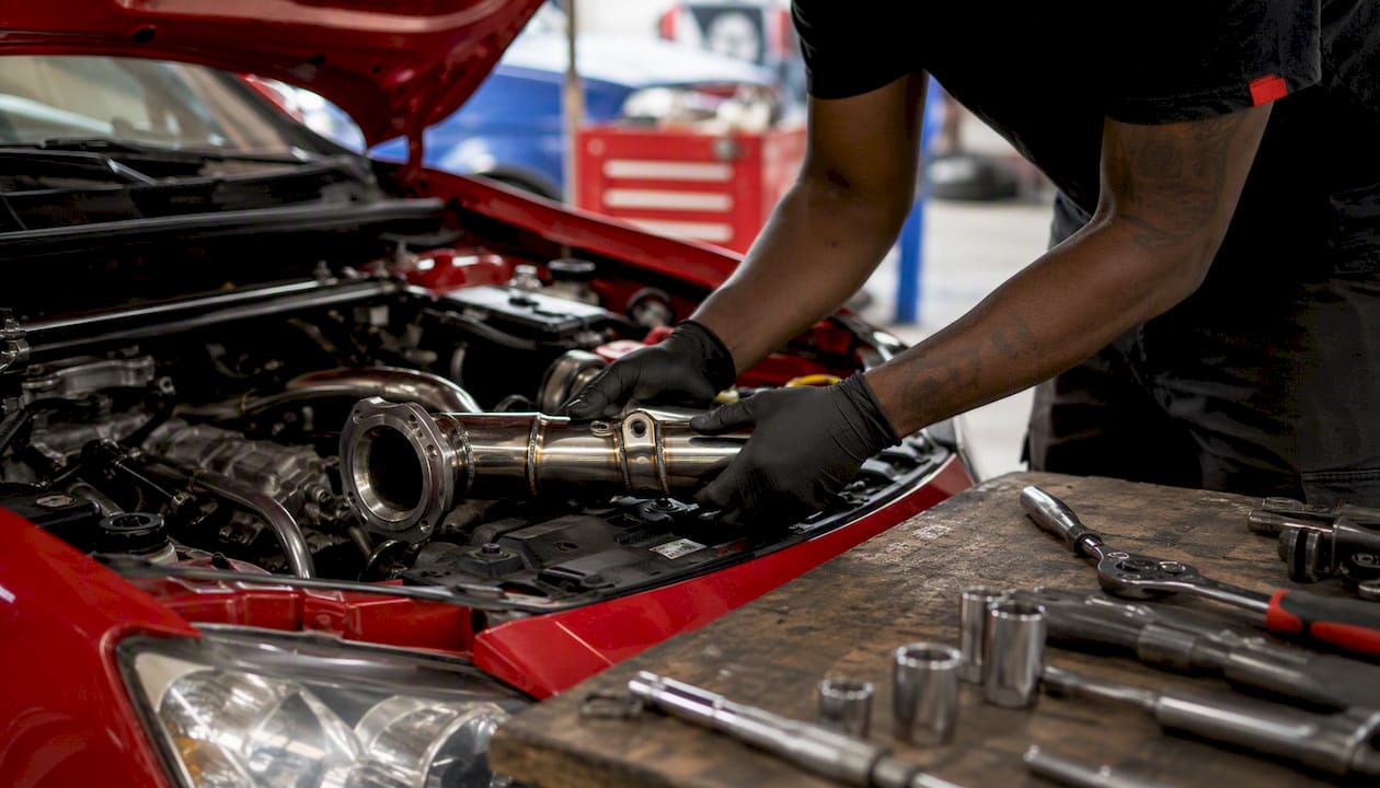 Hands installing car performance part in garage