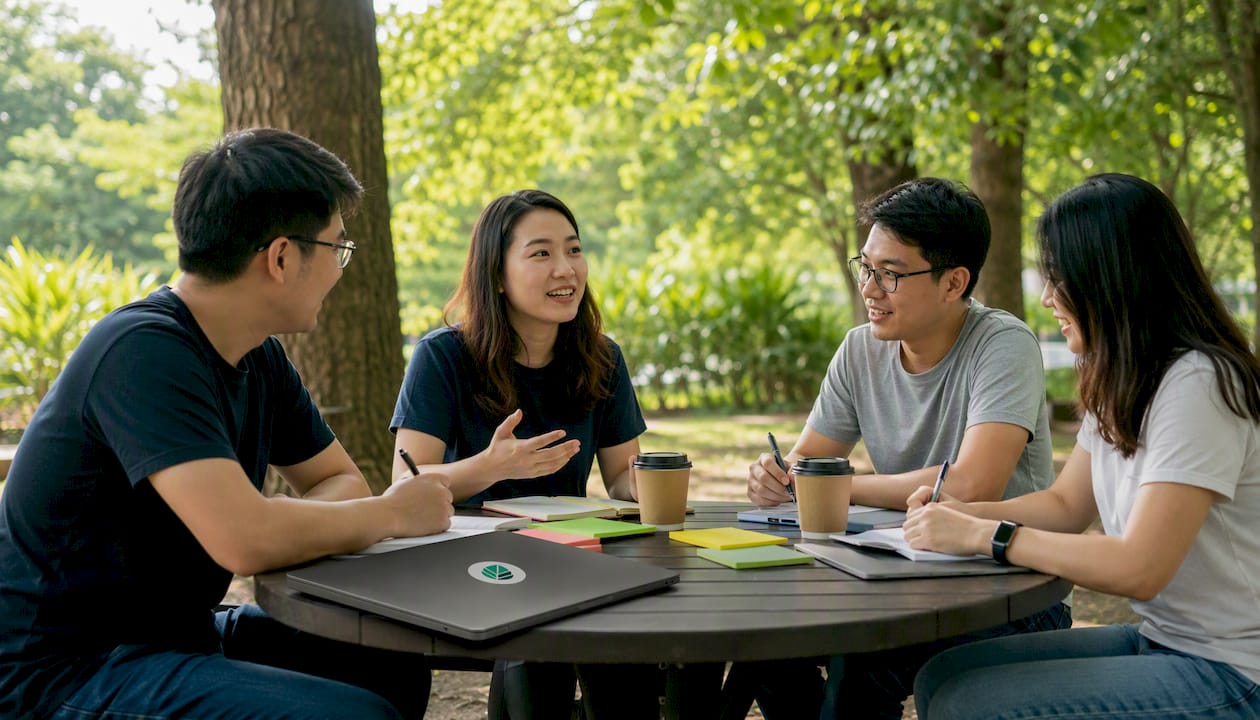 Team feedback meeting in café overhead