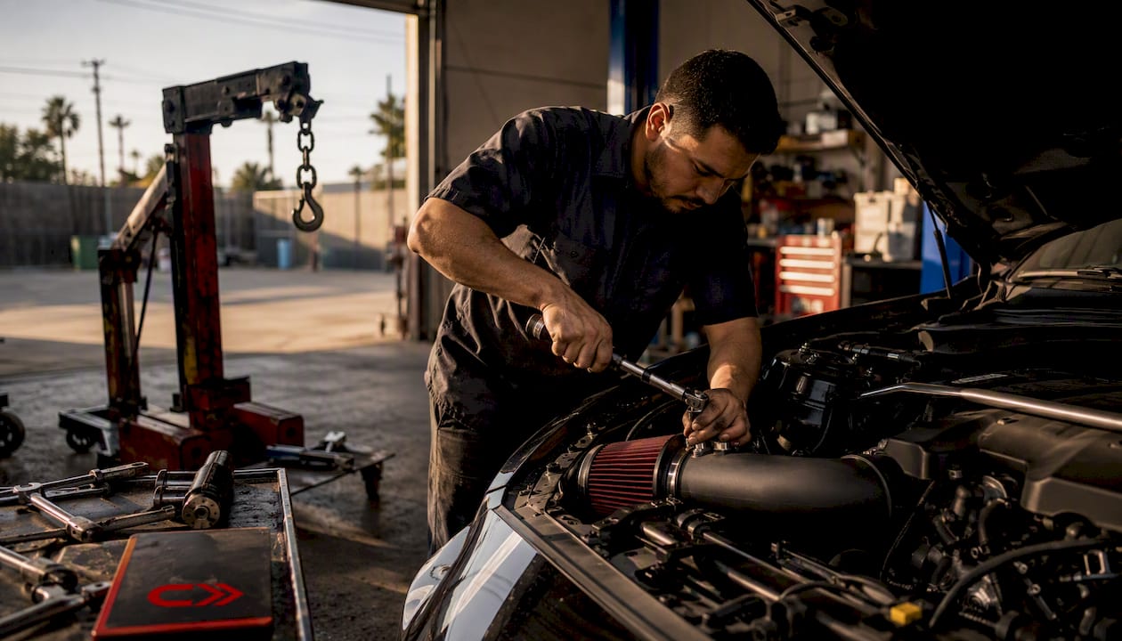 Mechanic installing cold-air intake in engine bay
