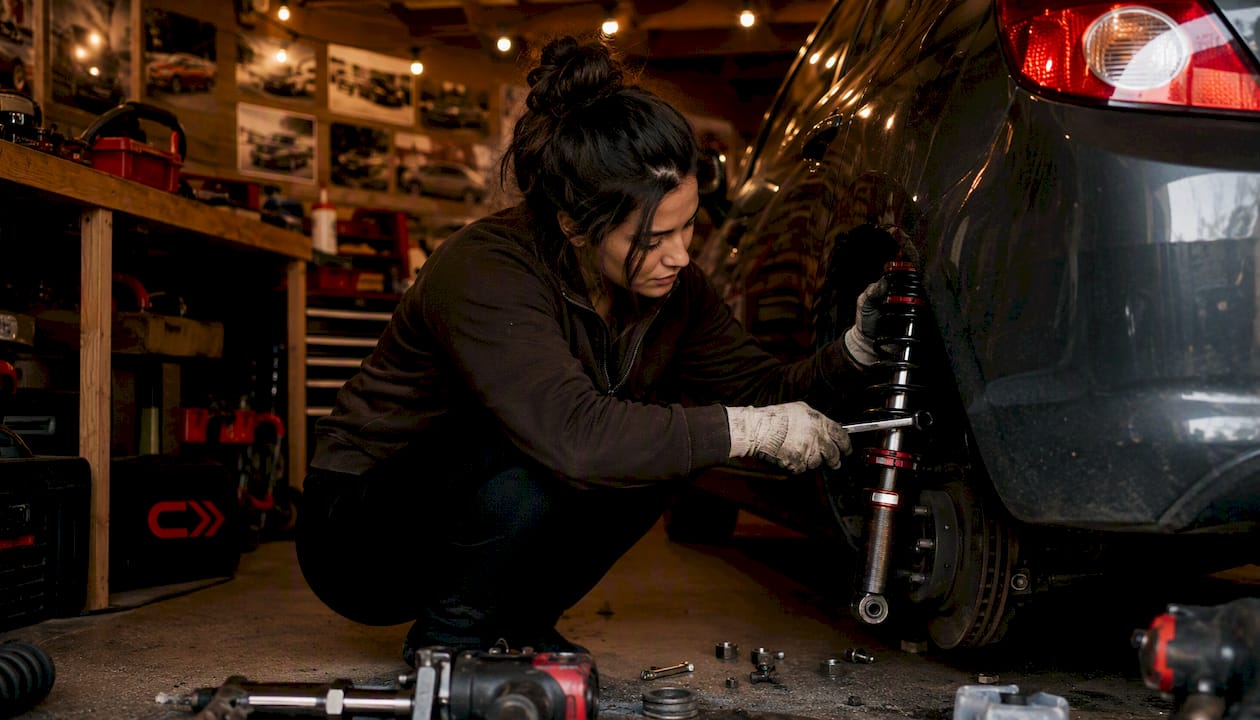 Technician adjusting coilovers on lifted car