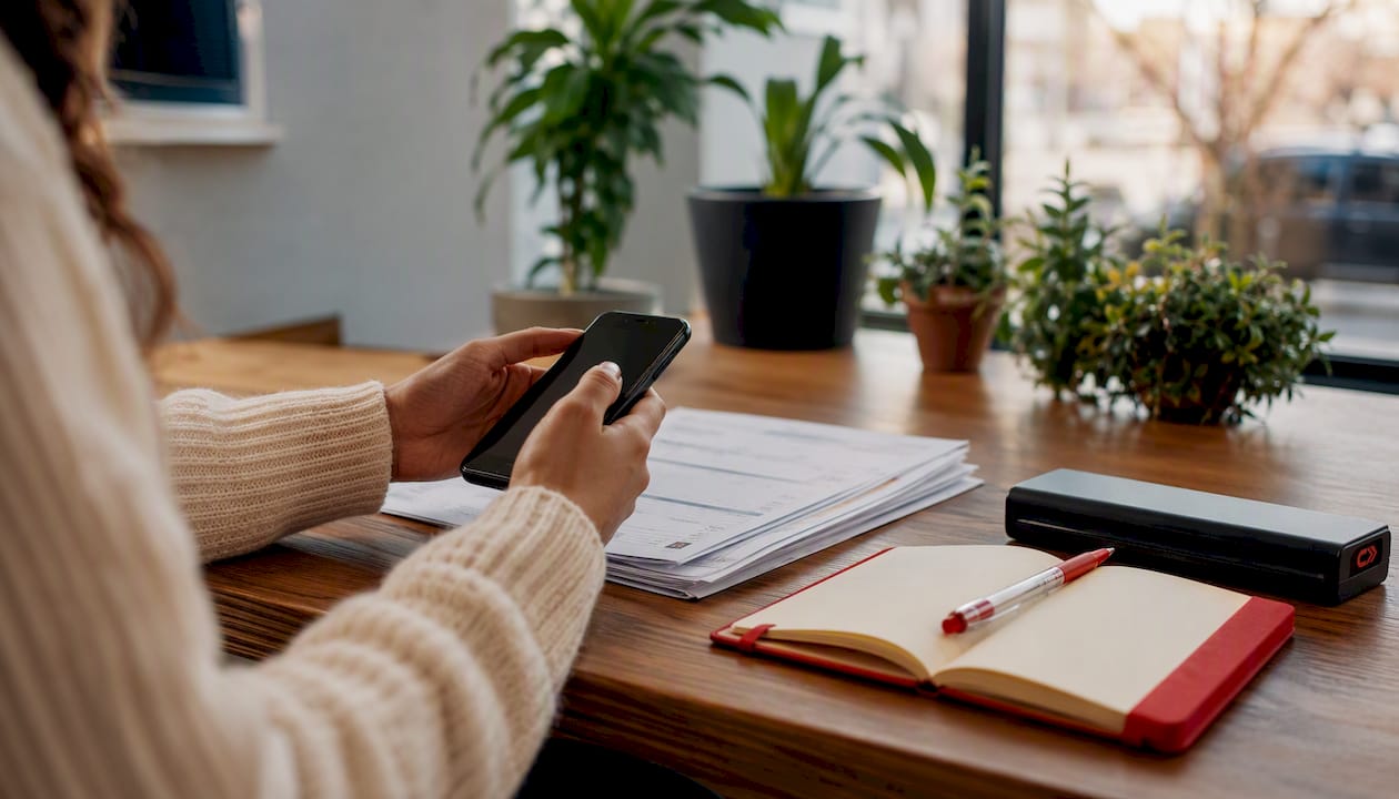 Hands holding smartphone with vehicle receipts on desk