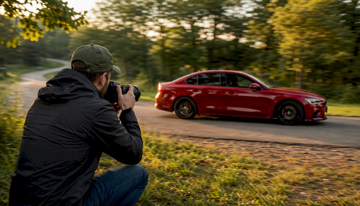 Photographer panning to capture moving car in motion blur