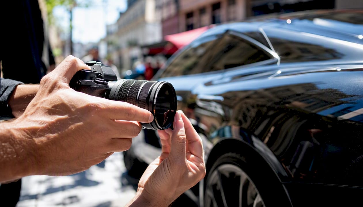 Hands adjusting circular polarizer camera lens near car paint