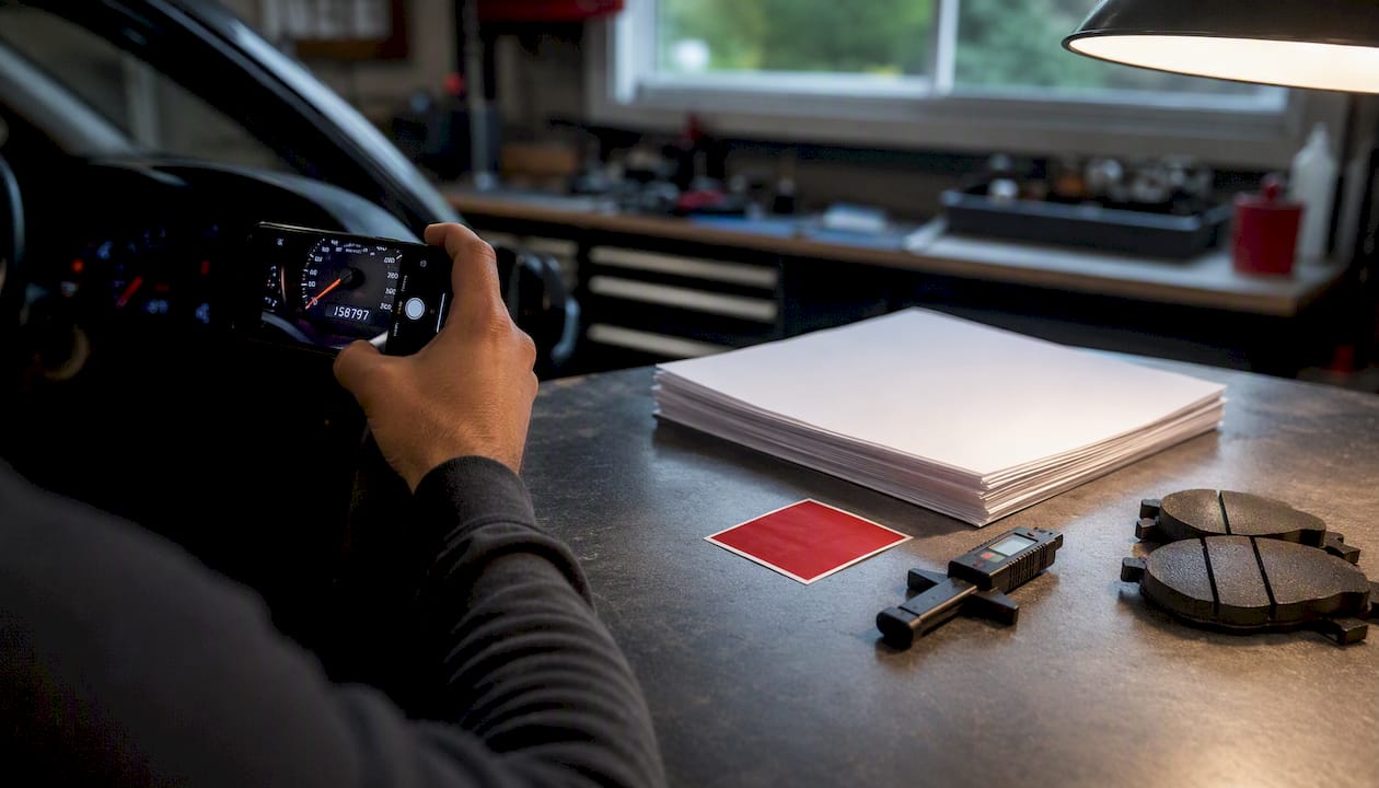 Hand photographing car odometer and maintenance tools