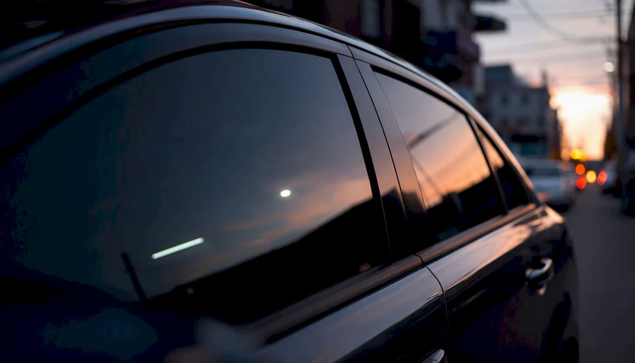 Close-up of dark tinted car front side window