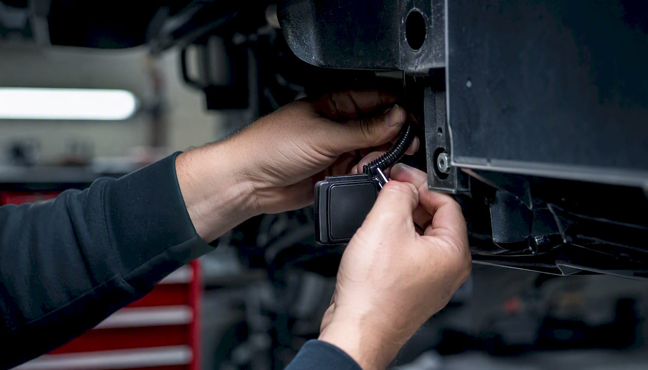 Hands installing GPS vehicle tracker device