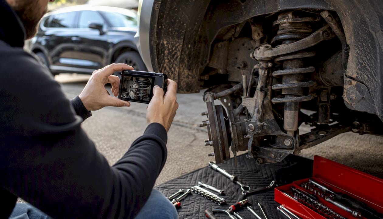 Hands photographing car suspension before modification