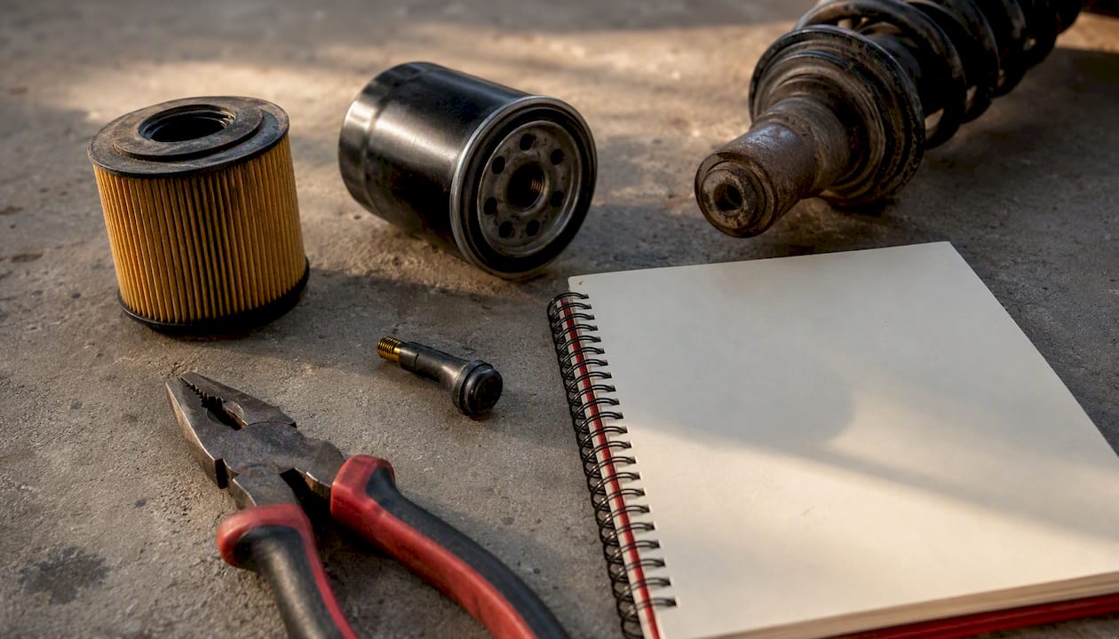 Automotive tools and parts flat lay
