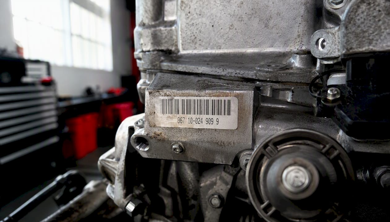 Close-up of car part number sticker on engine component