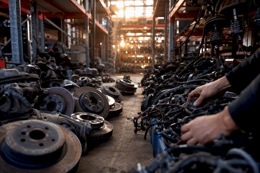 Close-up of hands sorting car parts in salvage yard