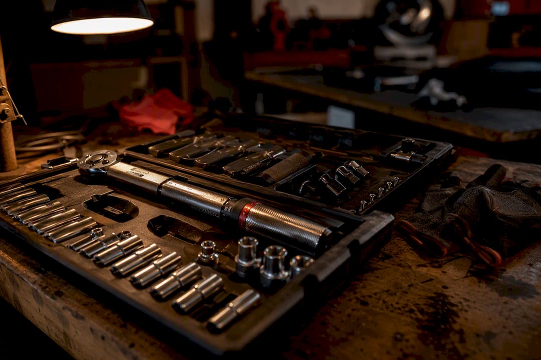 Organized car repair tools and safety equipment