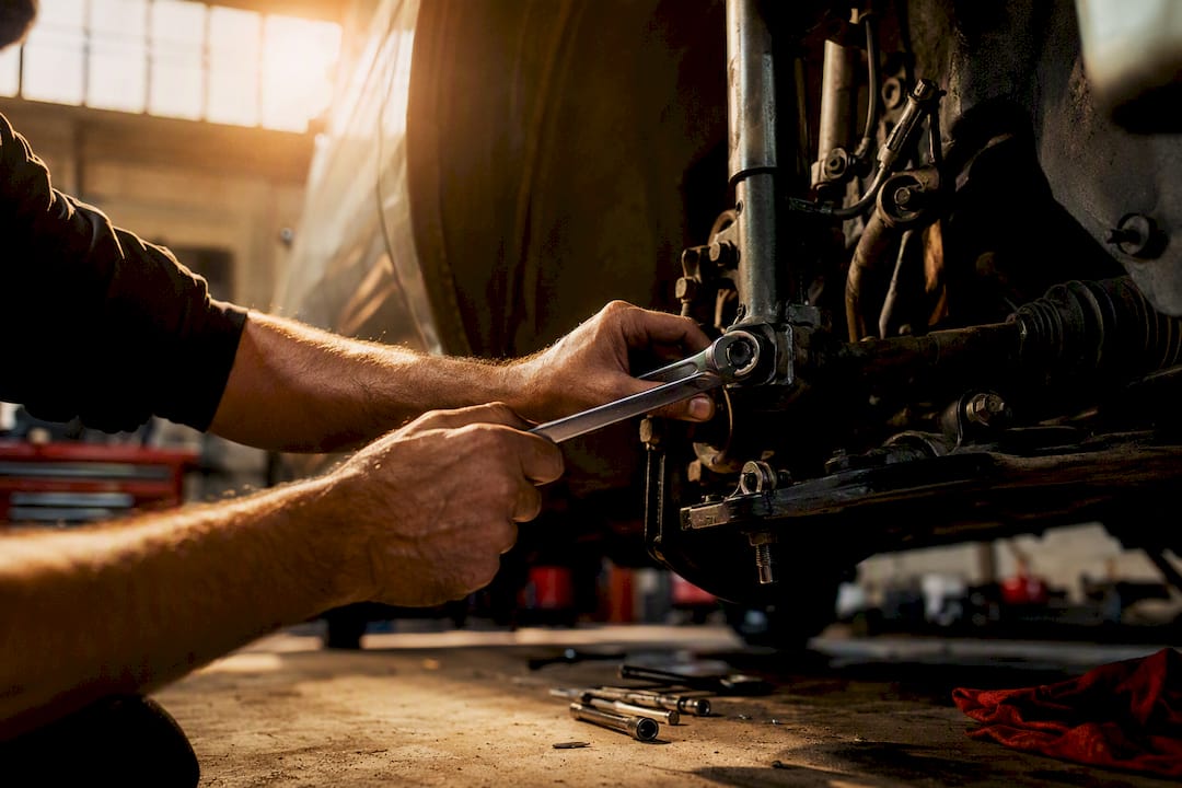 Hands tightening bolt on car suspension