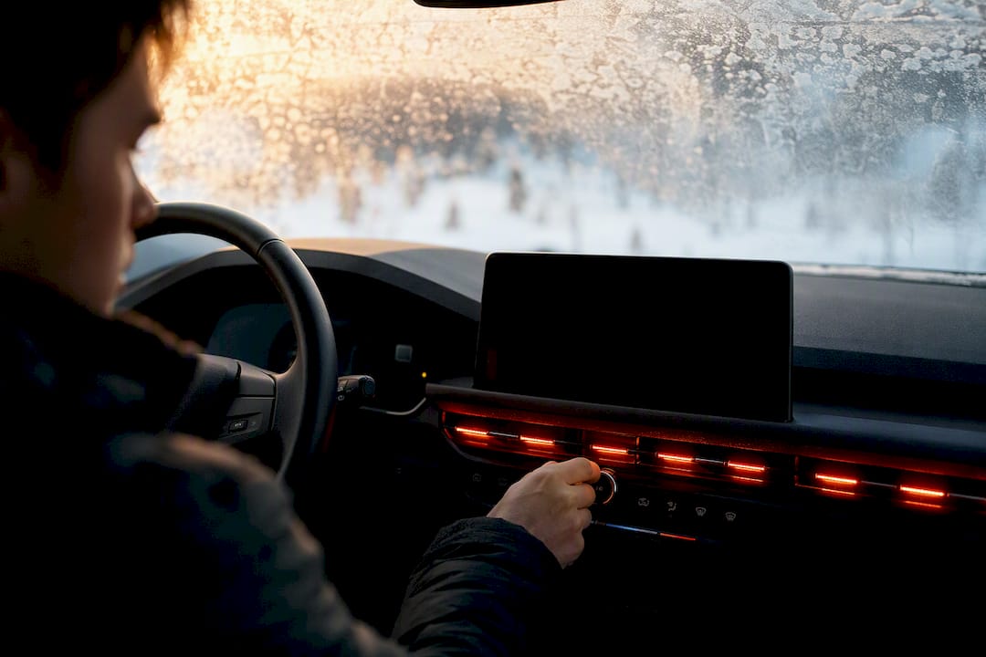 Hands adjusting EV climate controls in winter