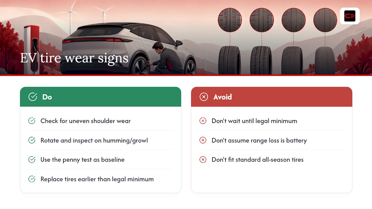 Diagram of EV tire wear signs and replacement indicators