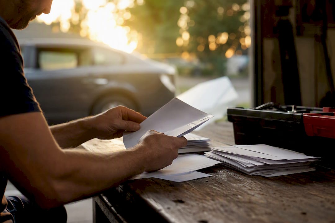 Hands organizing vehicle service documents