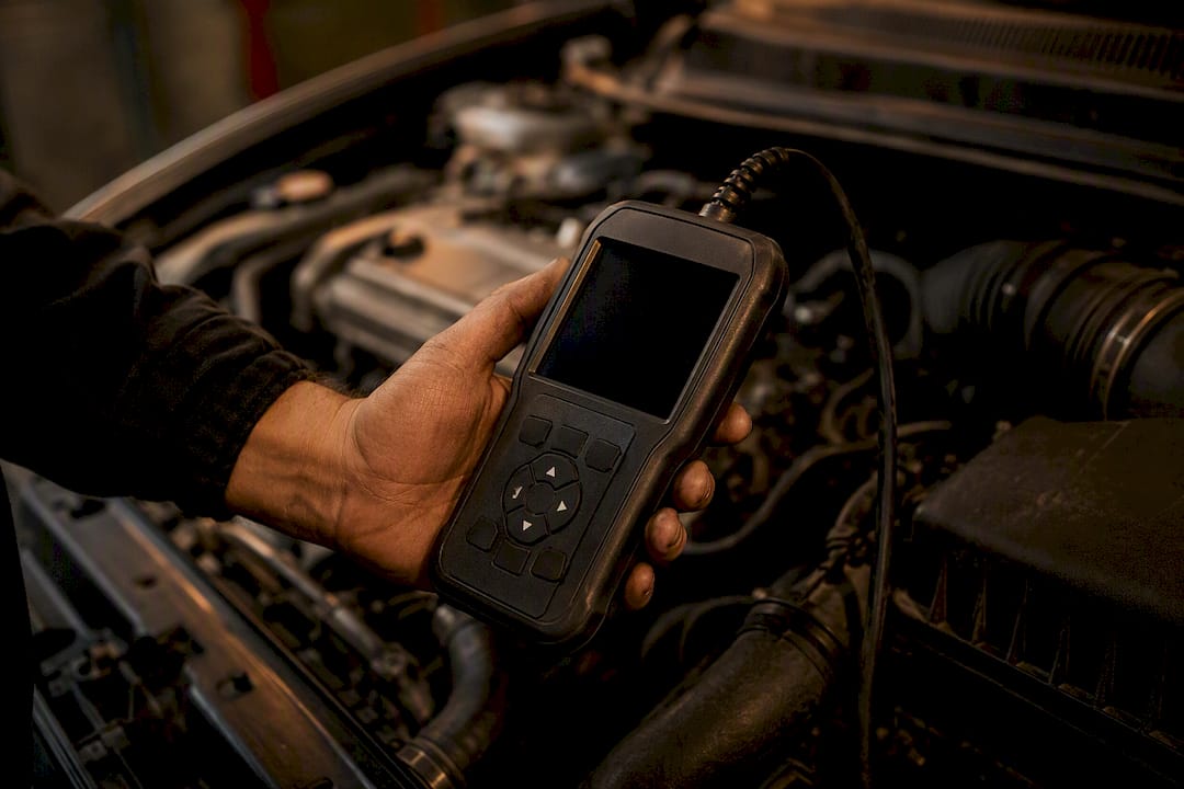 Technician holding scan tool near vehicle engine
