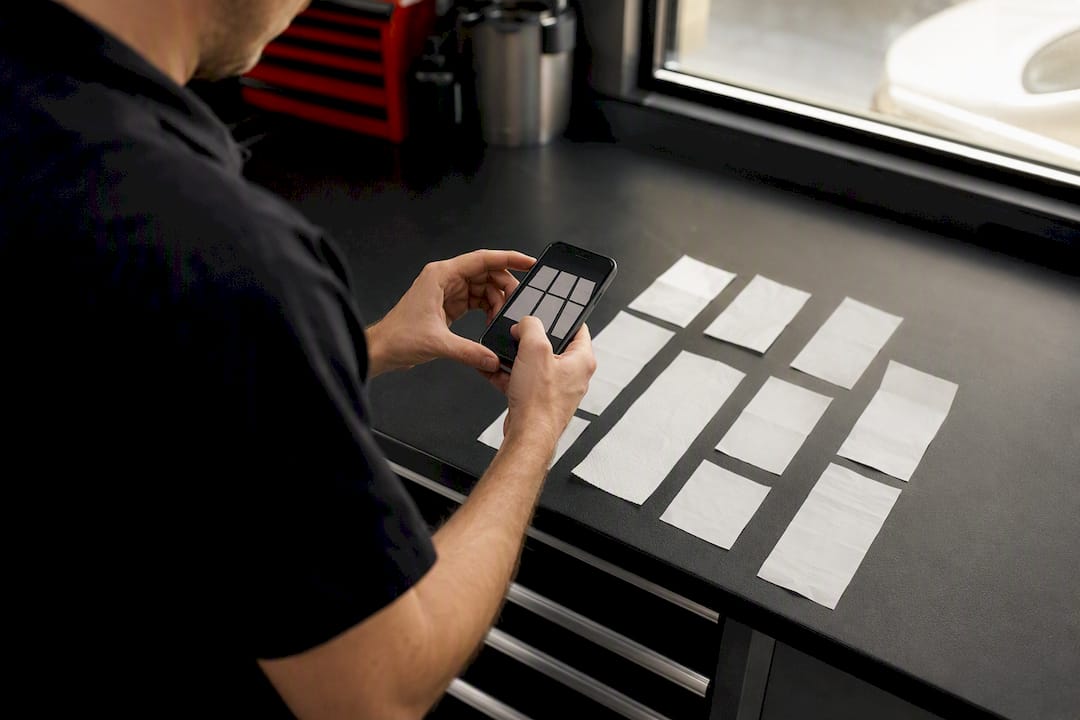 Hands scanning blank car receipts with smartphone