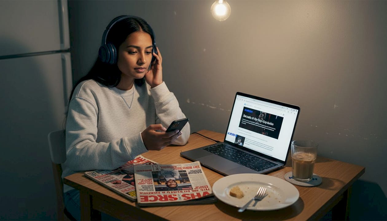 Woman exploring print and digital hip-hop media