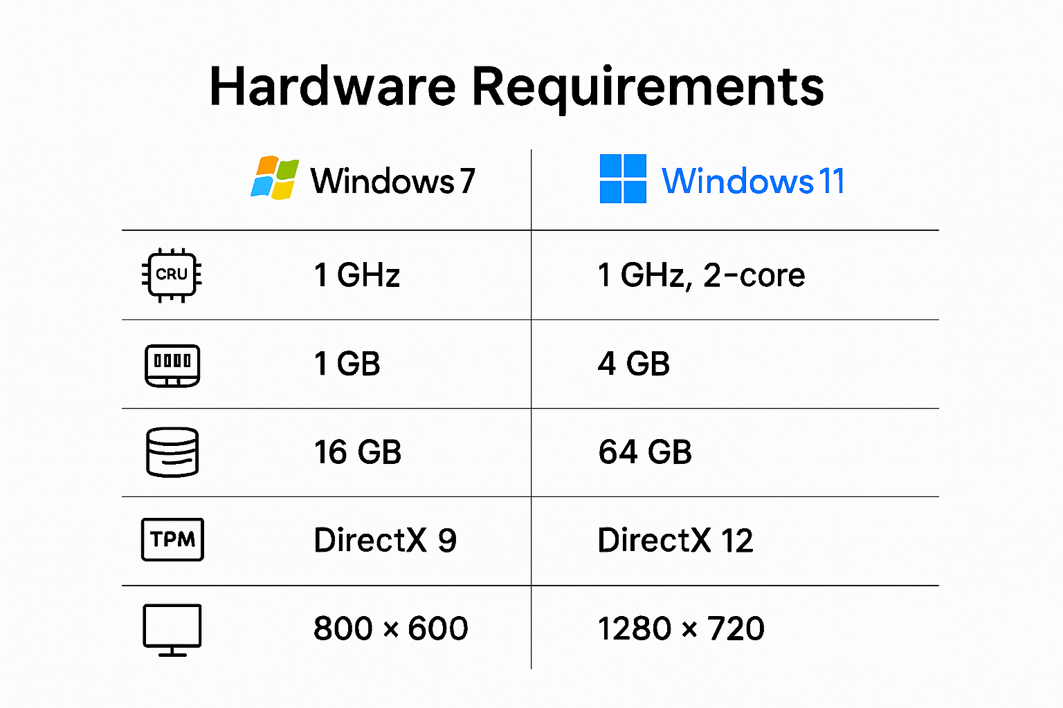 Windows 7 vs Windows 11 hardware requirements infographic