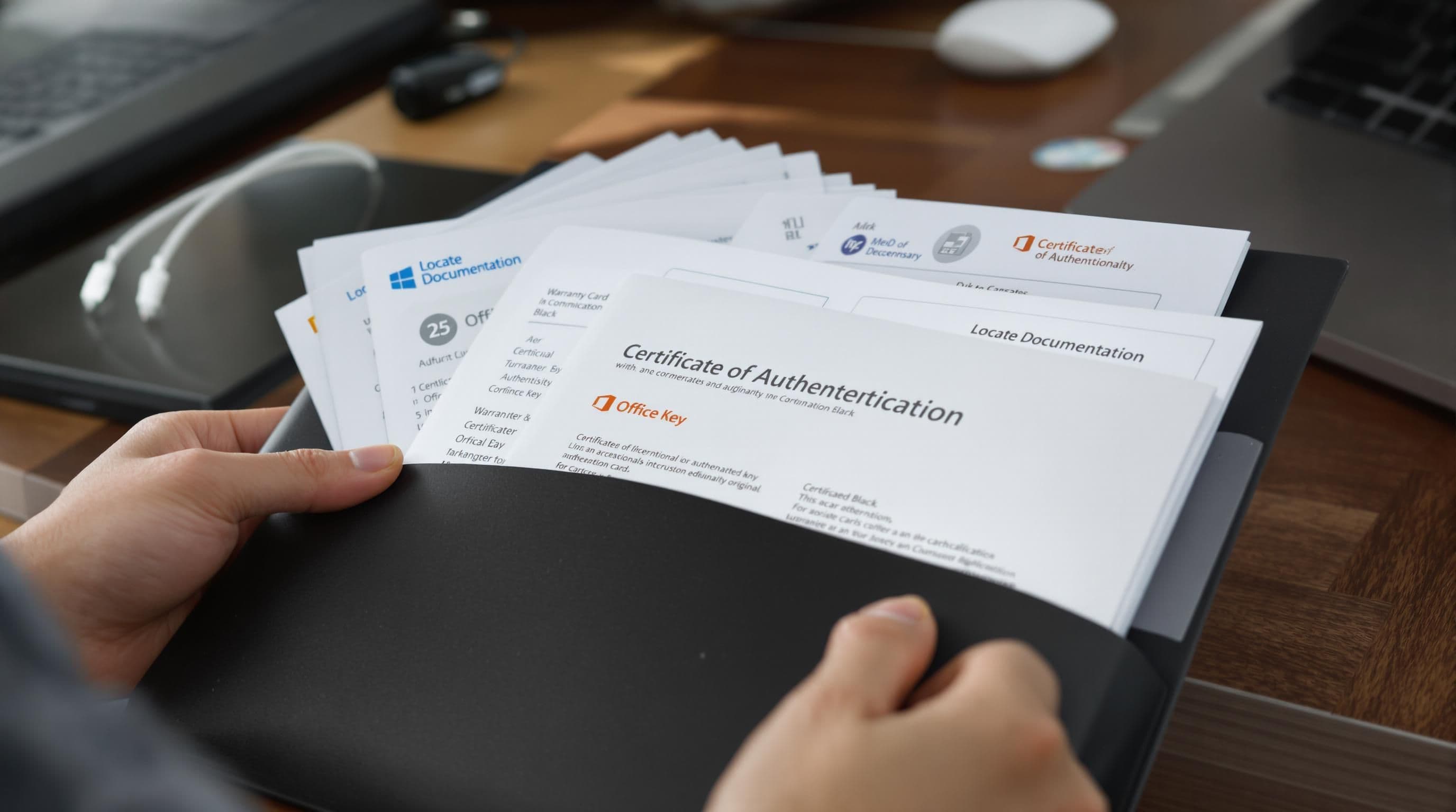 Person looking through documentation for Office product key