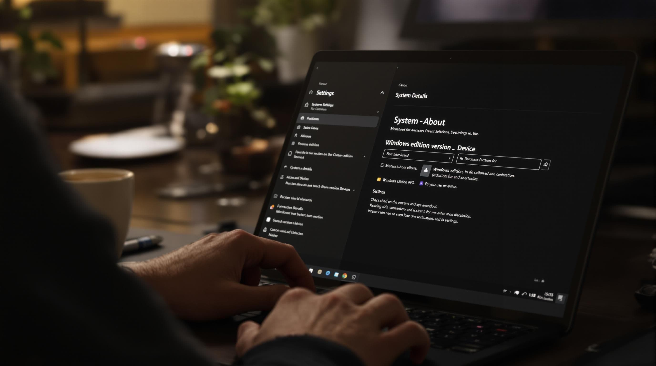 Hands navigating Windows Settings About section for system info