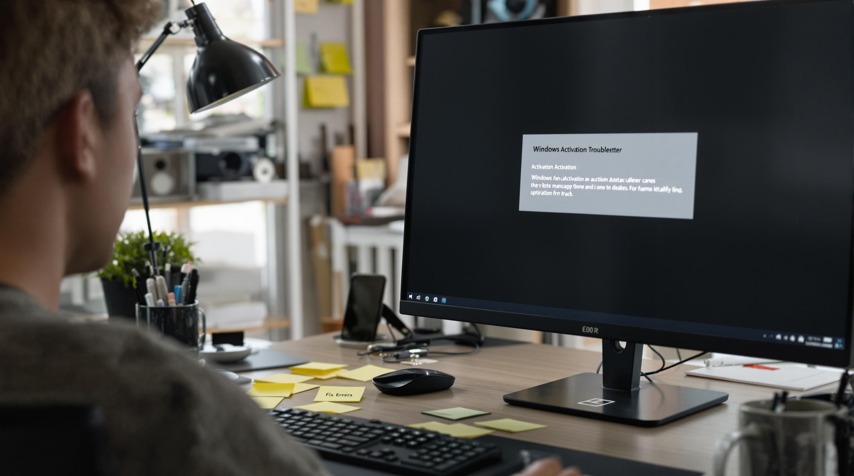 Person troubleshooting Windows activation error at desk with sticky notes