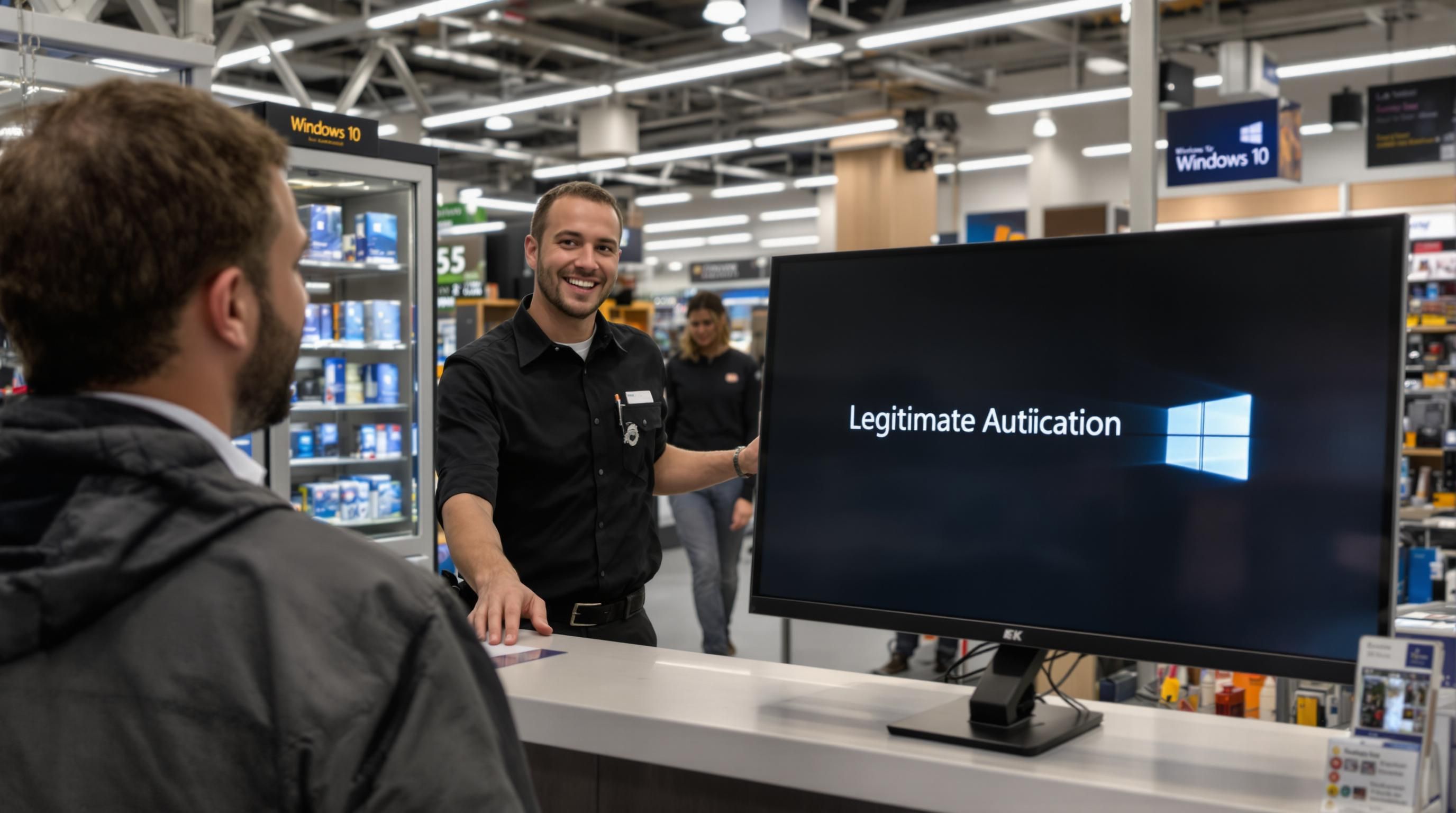 Store employee and customer with Windows 10 box and activation message