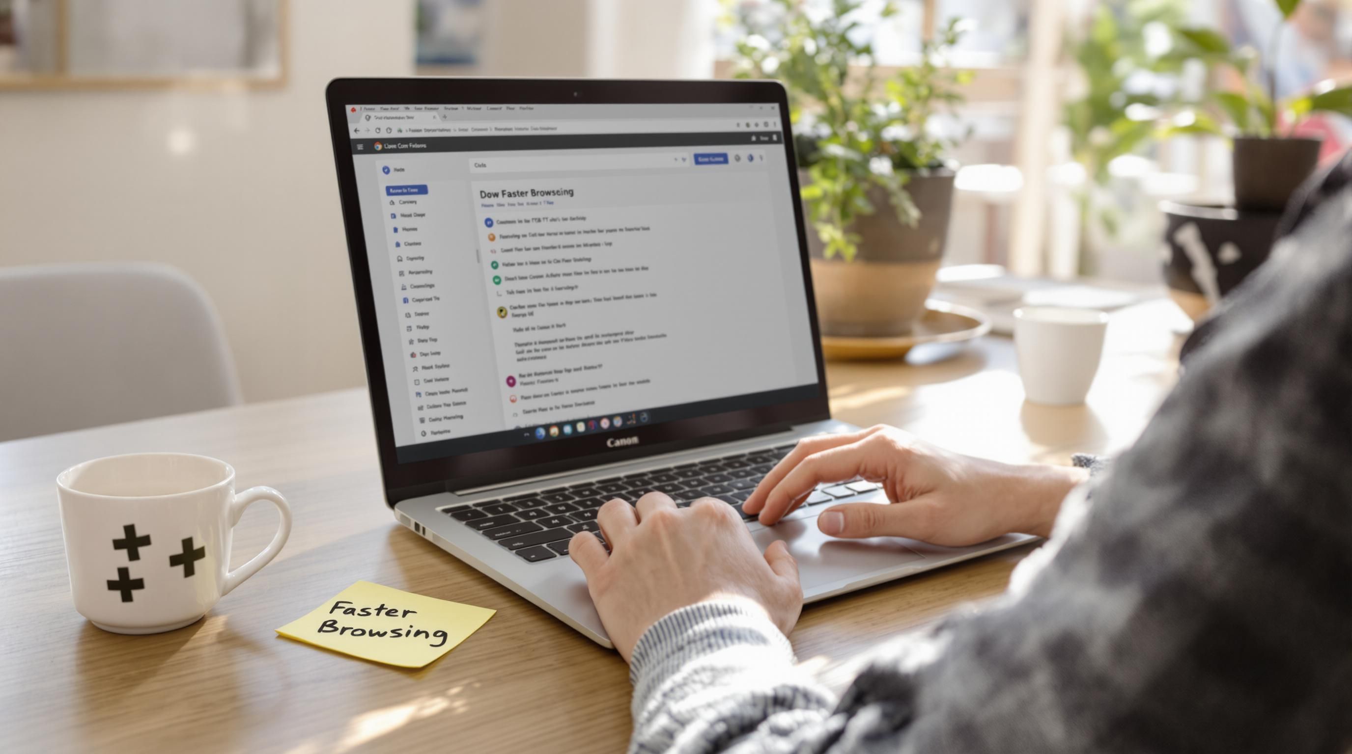 Home worker using laptop browser with 'Faster Browsing' shortcut note