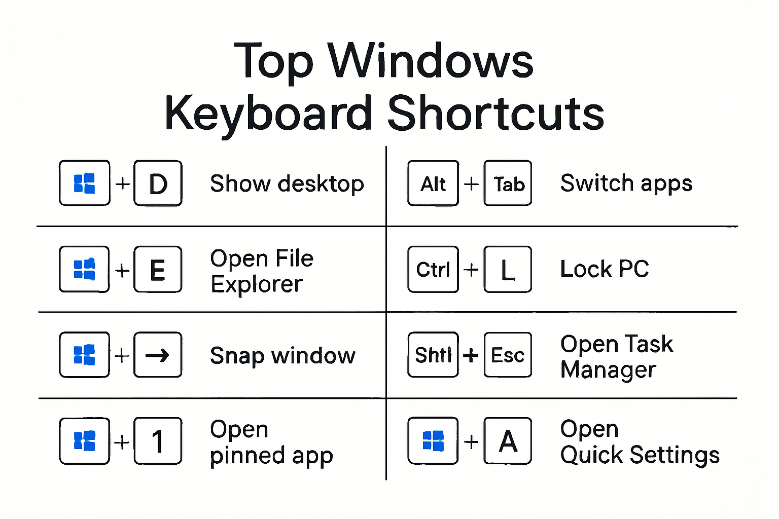 Infographic listing essential Windows keyboard shortcuts