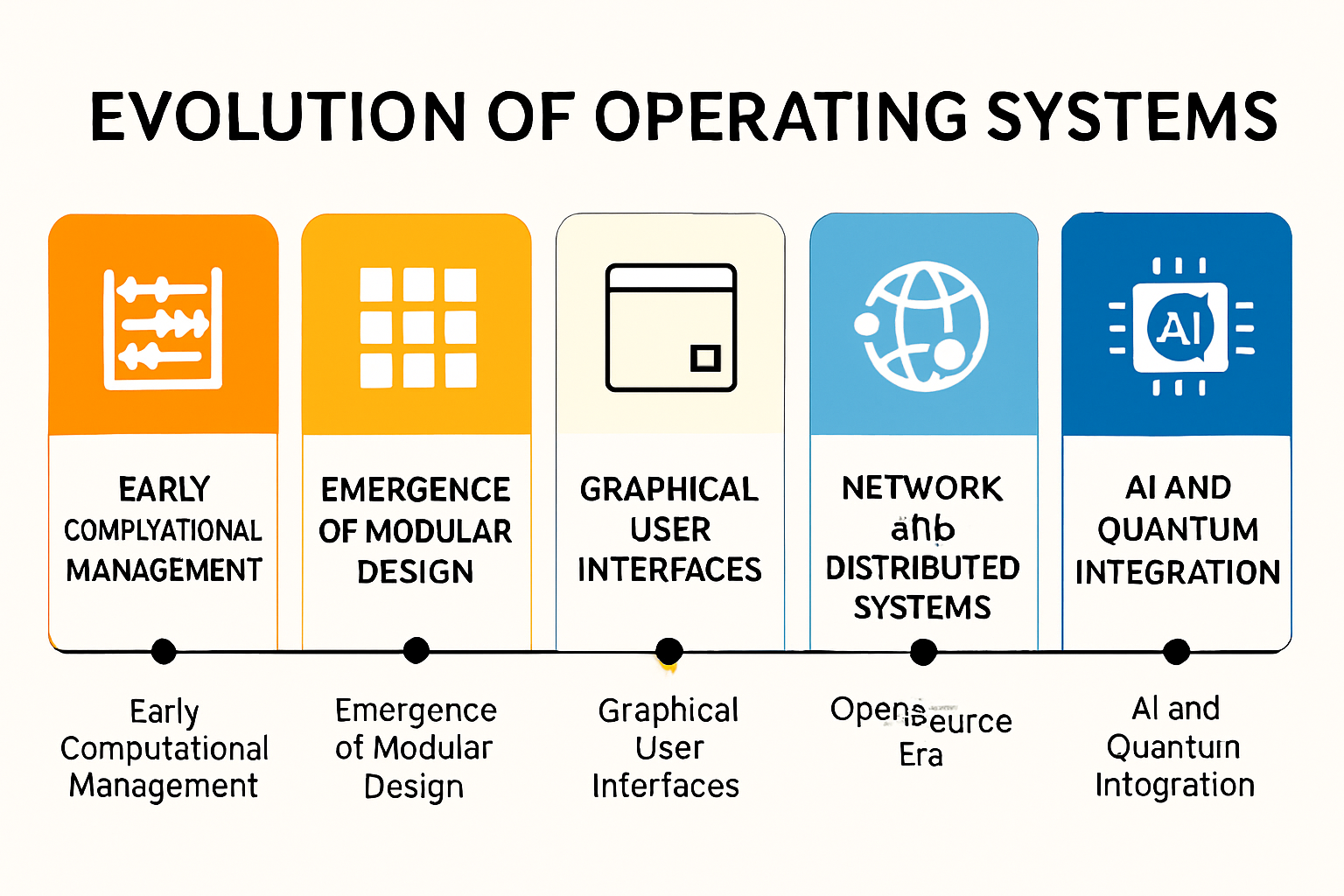 Infographic showing timeline of operating system innovation from 1950s to future trends