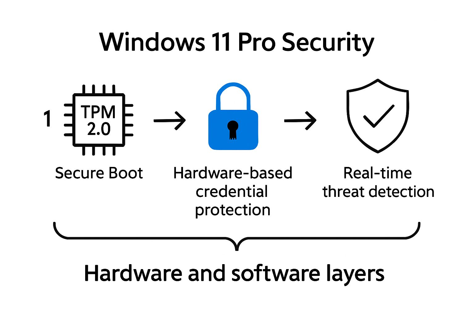 Infographic showing Windows 11 Pro layered security features such as TPM 2.0, Secure Boot, and threat detection.