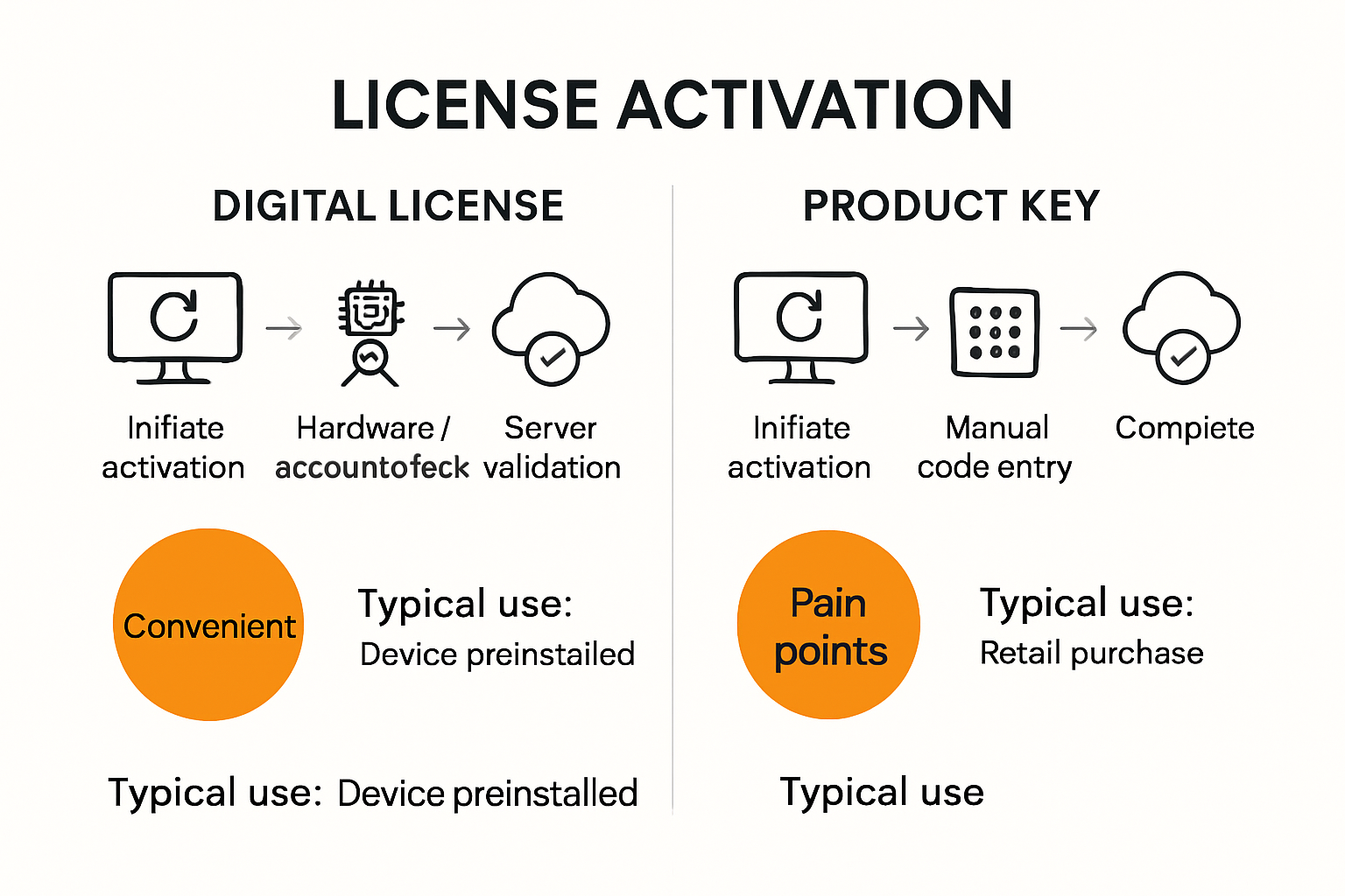Infographic comparing digital license and product key activation steps