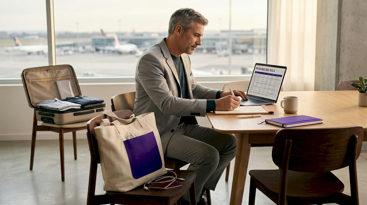 À la maison, un homme s'organise pour son trajet vers l'aéroport.