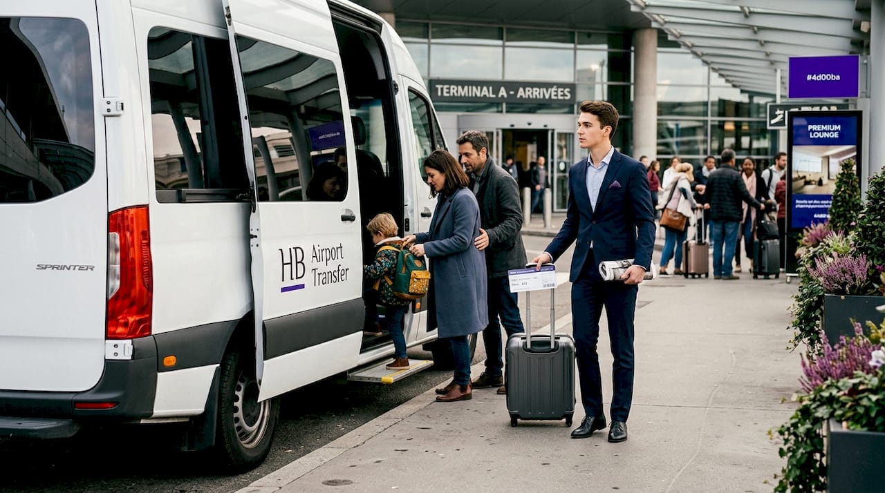 Une famille de voyageurs descend de la navette de l’aéroport.