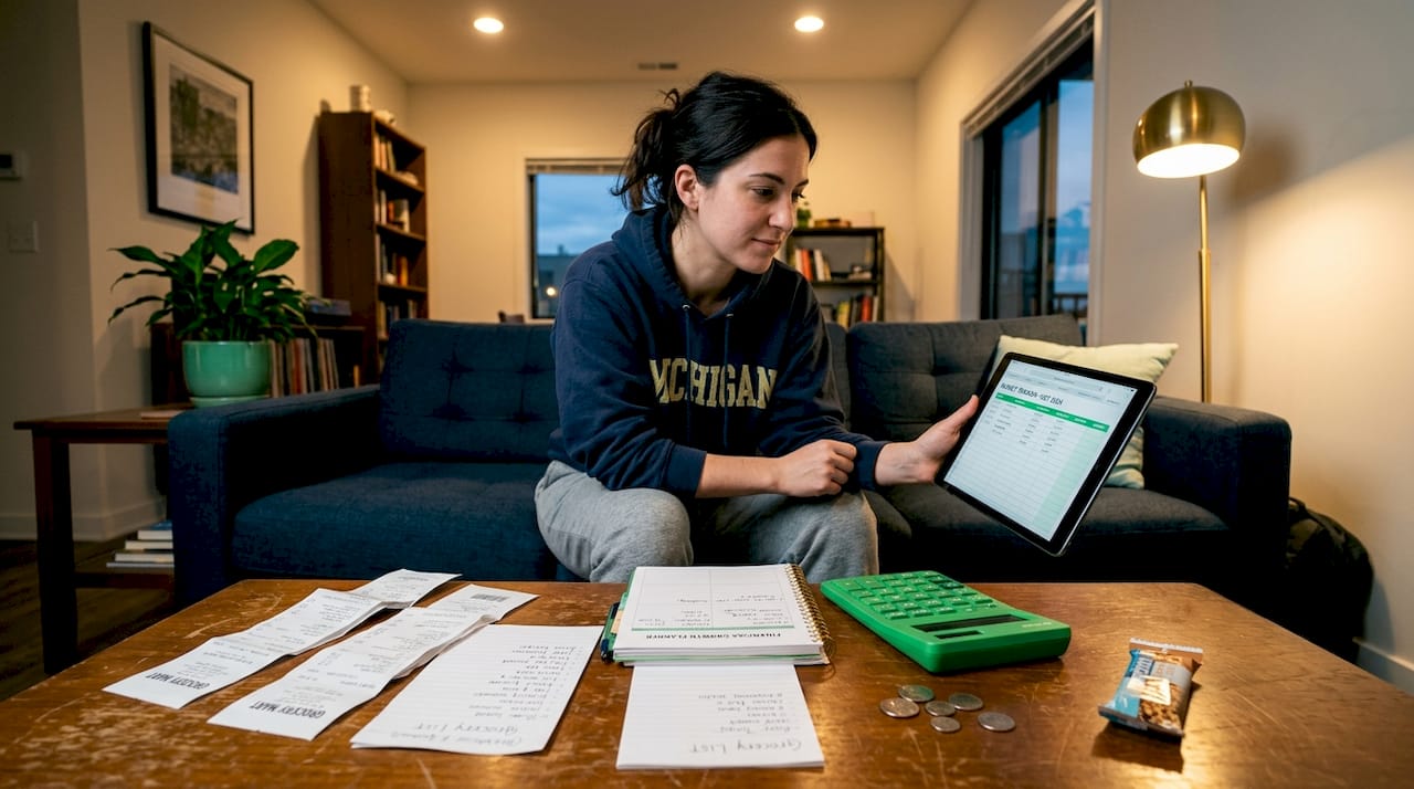 Woman planning personal budget on couch with receipts