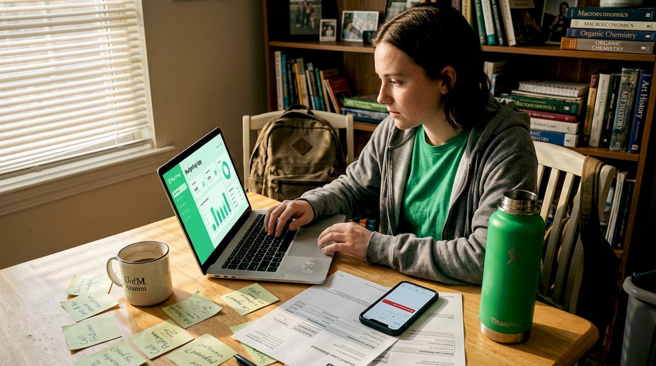Young graduate budgeting with loan paperwork at kitchen table