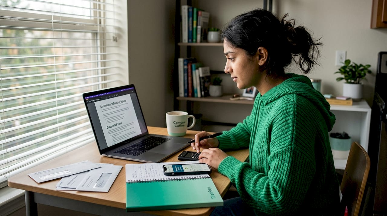 Student reviewing loan documents at kitchen table