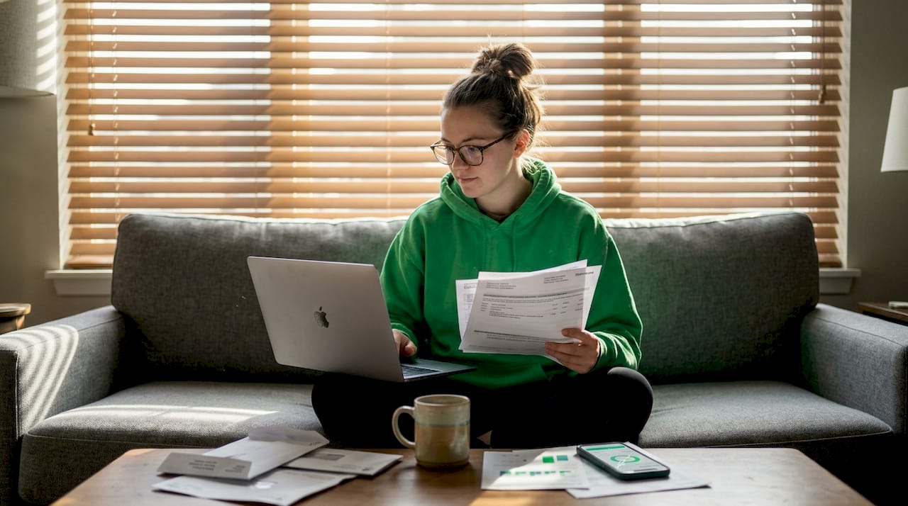 Student reviews loan statements at home