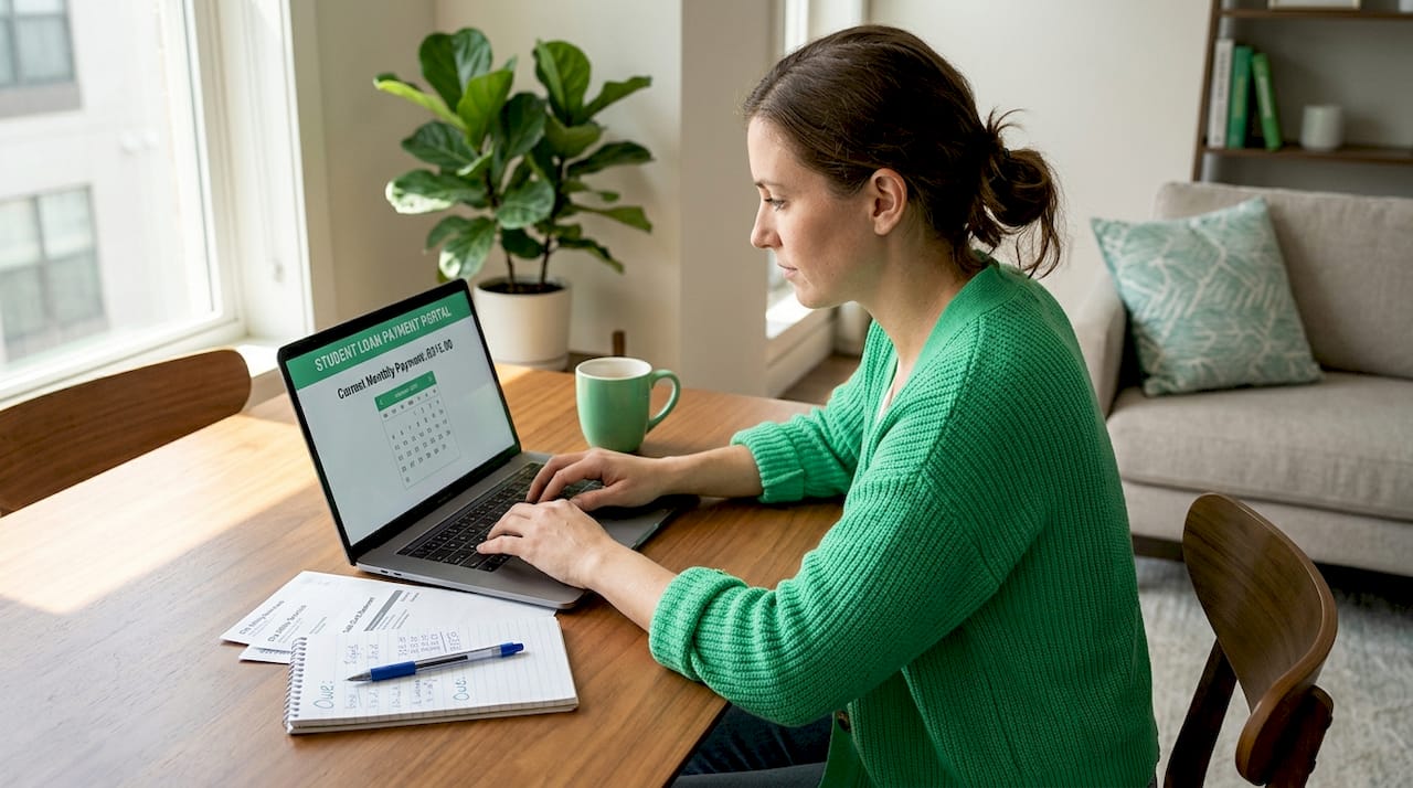 Woman reviewing student loan payments at dining table