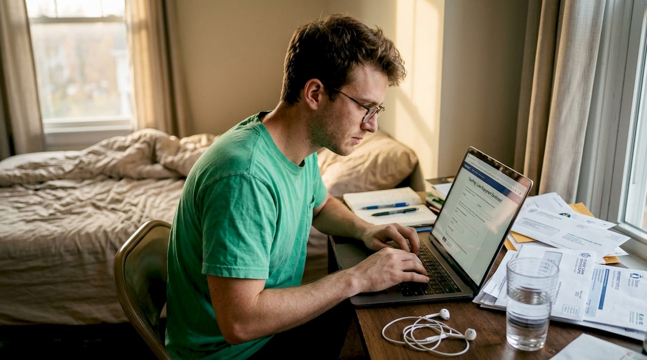 Man completing online loan repayment application