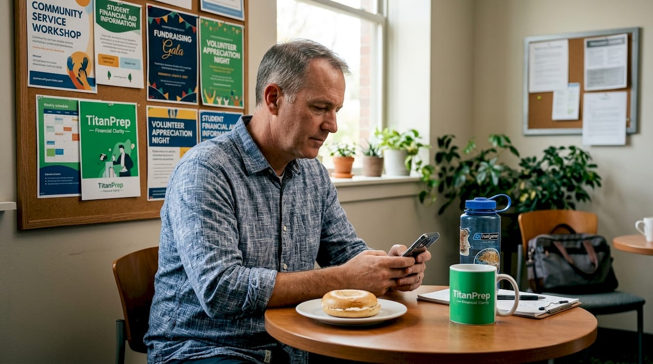 Nonprofit worker reviewing schedule in break room