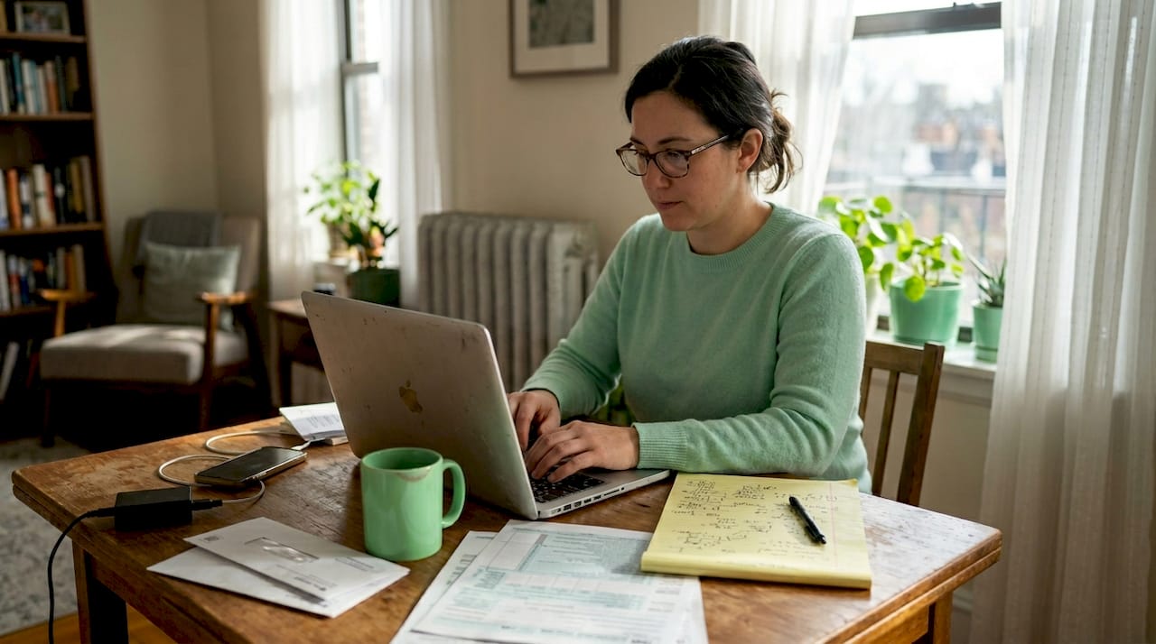 Person organizing loan documents at kitchen table