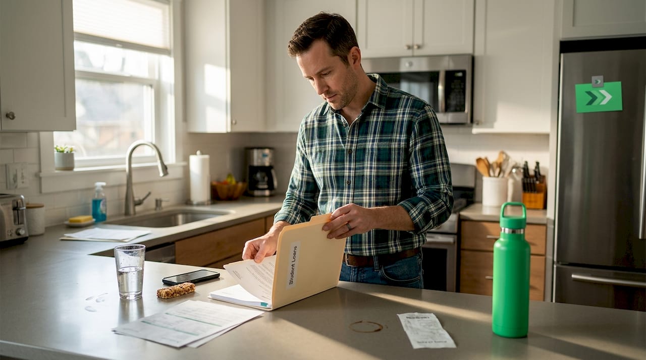 Man sorting student loan documents in kitchen